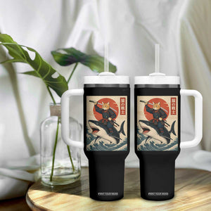 Funny Samurai Cat Riding Shark Tumbler With Handle Vintage Japanese Ukiyoe