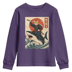 Funny Samurai Cat Riding Shark Youth Sweatshirt Vintage Japanese Ukiyoe