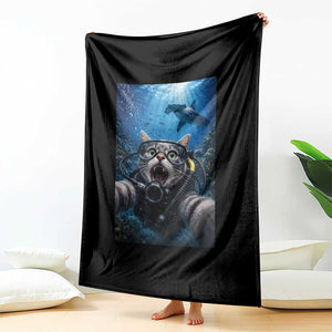 Funny Scuba Diving Cat Selfie With Hammerhead Shark Throw Blanket