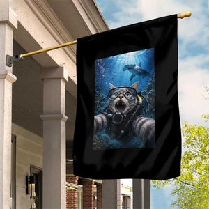 Funny Scuba Diving Cat Selfie With Hammerhead Shark Garden Flag
