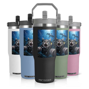 Funny Scuba Diving Cat Selfie With Hammerhead Shark Flip Straw Tumbler