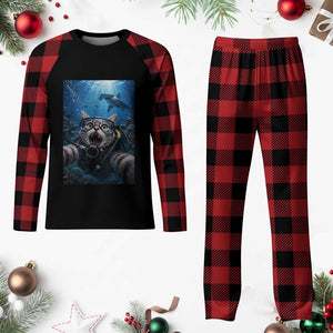 Funny Scuba Diving Cat Selfie With Hammerhead Shark Plaid Pajama Set