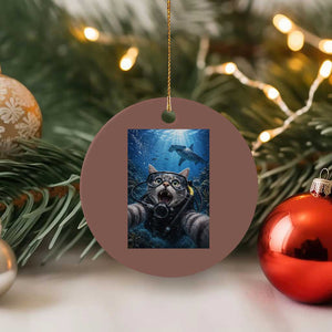 Funny Scuba Diving Cat Selfie With Hammerhead Shark Ceramic Ornament