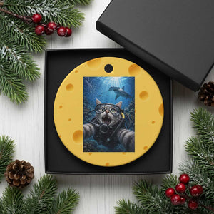 Funny Scuba Diving Cat Selfie With Hammerhead Shark Ceramic Ornament