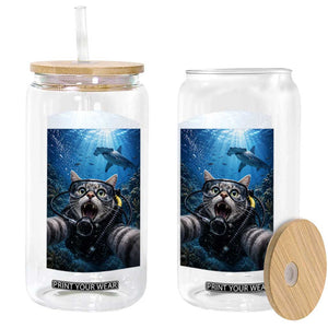 Funny Scuba Diving Cat Selfie With Hammerhead Shark Glass Can