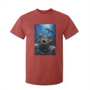 Funny Scuba Diving Cat Selfie With Hammerhead Shark T Shirt For Kid