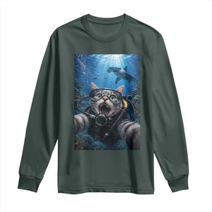 Funny Scuba Diving Cat Selfie With Hammerhead Shark Long Sleeve Shirt