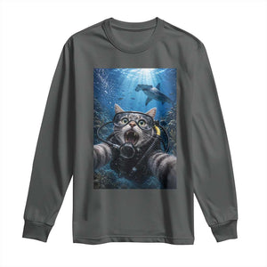 Funny Scuba Diving Cat Selfie With Hammerhead Shark Long Sleeve Shirt