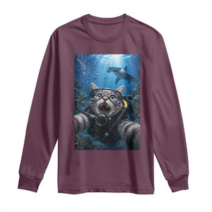 Funny Scuba Diving Cat Selfie With Hammerhead Shark Long Sleeve Shirt