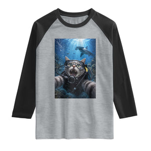 Funny Scuba Diving Cat Selfie With Hammerhead Shark Raglan Shirt