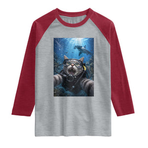 Funny Scuba Diving Cat Selfie With Hammerhead Shark Raglan Shirt