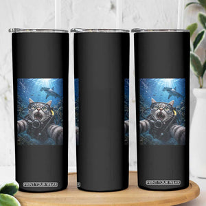 Funny Scuba Diving Cat Selfie With Hammerhead Shark Skinny Tumbler