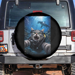 Funny Scuba Diving Cat Selfie With Hammerhead Shark Spare Tire Cover