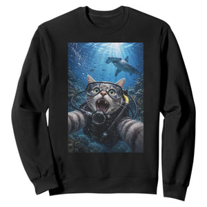 Funny Scuba Diving Cat Selfie With Hammerhead Shark Sweatshirt