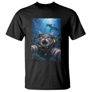 Funny Scuba Diving Cat Selfie With Hammerhead Shark T Shirt