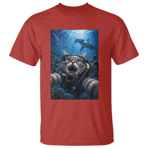 Funny Scuba Diving Cat Selfie With Hammerhead Shark T Shirt