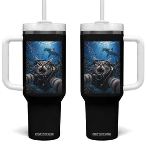 Funny Scuba Diving Cat Selfie With Hammerhead Shark Tumbler With Handle