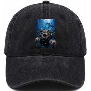 Funny Scuba Diving Cat Selfie With Hammerhead Shark Washed Cotton Baseball Cap