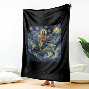 Funny Christian Jesus Riding Hammerhead Shark Throw Blanket Starry Night Inspired Art
