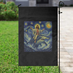 Funny Christian Jesus Riding Hammerhead Shark Garden Flag Starry Night Inspired Art