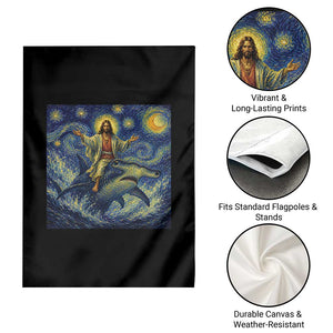 Funny Christian Jesus Riding Hammerhead Shark Garden Flag Starry Night Inspired Art