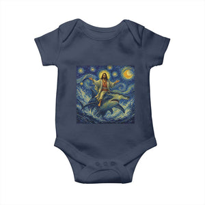 Funny Christian Jesus Riding Hammerhead Shark Baby Onesie Starry Night Inspired Art