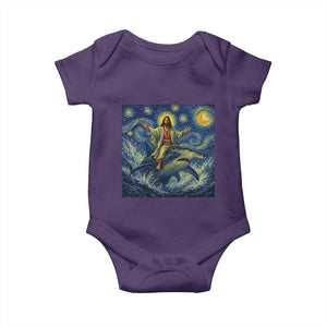 Funny Christian Jesus Riding Hammerhead Shark Baby Onesie Starry Night Inspired Art