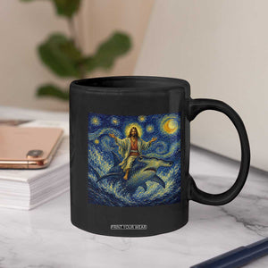 Funny Christian Jesus Riding Hammerhead Shark Coffee Mug Starry Night Inspired Art