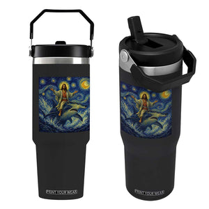 Funny Christian Jesus Riding Hammerhead Shark Flip Straw Tumbler Starry Night Inspired Art