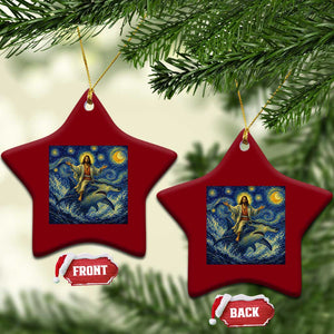 Funny Christian Jesus Riding Hammerhead Shark Ceramic Ornament Starry Night Inspired Art