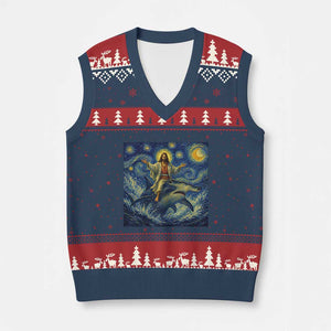 Funny Christian Jesus Riding Hammerhead Shark V-Neck Knit Sweater Vest Starry Night Inspired Art
