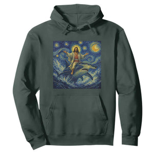 Funny Christian Jesus Riding Hammerhead Shark Hoodie Starry Night Inspired Art