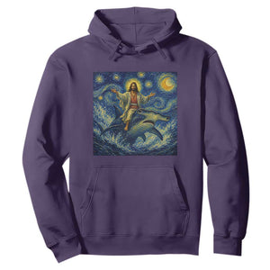 Funny Christian Jesus Riding Hammerhead Shark Hoodie Starry Night Inspired Art