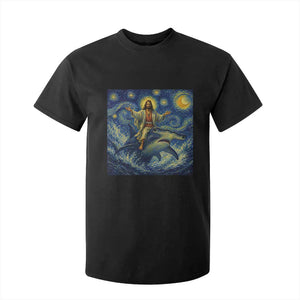 Funny Christian Jesus Riding Hammerhead Shark T Shirt For Kid Starry Night Inspired Art