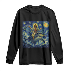 Funny Christian Jesus Riding Hammerhead Shark Long Sleeve Shirt Starry Night Inspired Art