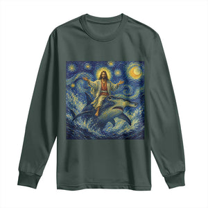 Funny Christian Jesus Riding Hammerhead Shark Long Sleeve Shirt Starry Night Inspired Art