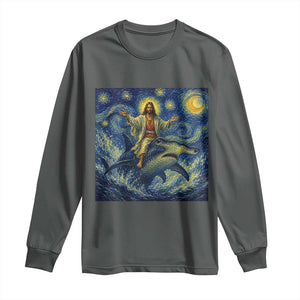 Funny Christian Jesus Riding Hammerhead Shark Long Sleeve Shirt Starry Night Inspired Art