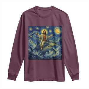 Funny Christian Jesus Riding Hammerhead Shark Long Sleeve Shirt Starry Night Inspired Art