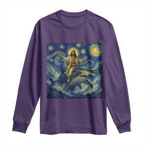 Funny Christian Jesus Riding Hammerhead Shark Long Sleeve Shirt Starry Night Inspired Art