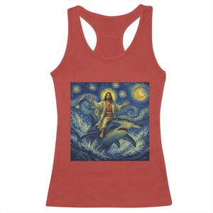 Funny Christian Jesus Riding Hammerhead Shark Racerback Tank Top Starry Night Inspired Art