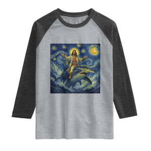 Funny Christian Jesus Riding Hammerhead Shark Raglan Shirt Starry Night Inspired Art