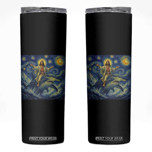 Funny Christian Jesus Riding Hammerhead Shark Skinny Tumbler Starry Night Inspired Art