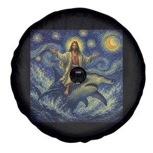 Funny Christian Jesus Riding Hammerhead Shark Spare Tire Cover Starry Night Inspired Art
