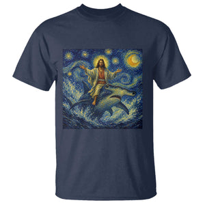 Funny Christian Jesus Riding Hammerhead Shark T Shirt Starry Night Inspired Art