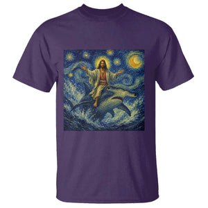Funny Christian Jesus Riding Hammerhead Shark T Shirt Starry Night Inspired Art