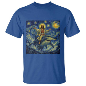 Funny Christian Jesus Riding Hammerhead Shark T Shirt Starry Night Inspired Art
