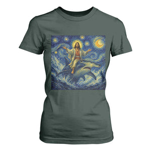 Funny Christian Jesus Riding Hammerhead Shark T Shirt For Women Starry Night Inspired Art