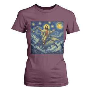 Funny Christian Jesus Riding Hammerhead Shark T Shirt For Women Starry Night Inspired Art