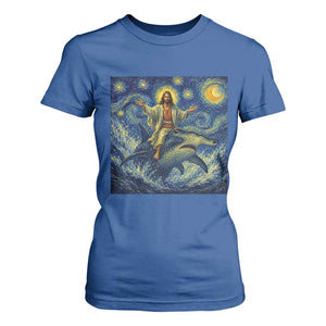 Funny Christian Jesus Riding Hammerhead Shark T Shirt For Women Starry Night Inspired Art