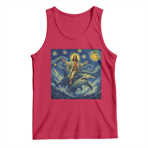 Funny Christian Jesus Riding Hammerhead Shark Tank Top Starry Night Inspired Art